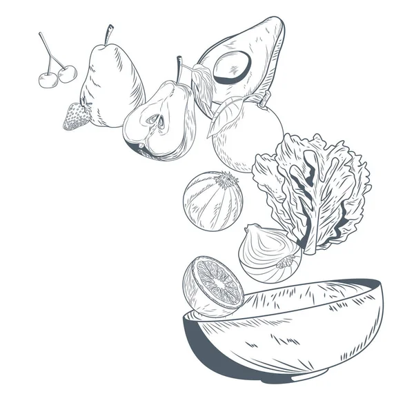 Verduras y frutas en el bowl dibujar a mano — Vector de stock