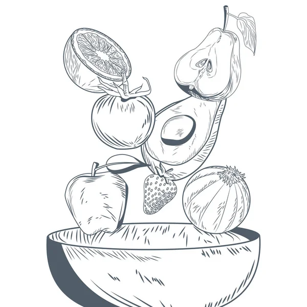 Verduras y frutas en el bowl dibujar a mano — Vector de stock