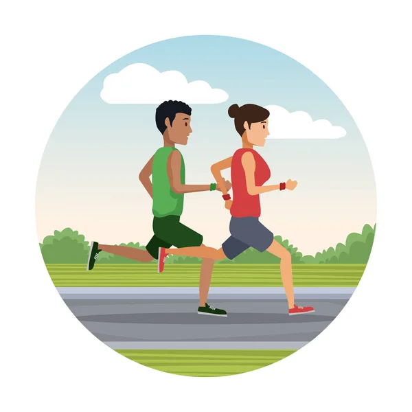 Pareja corriendo fuera ronda icono — Vector de stock