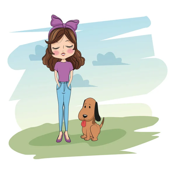 कुत्रा कार्टून सह सुंदर मुलगी — स्टॉक व्हेक्टर