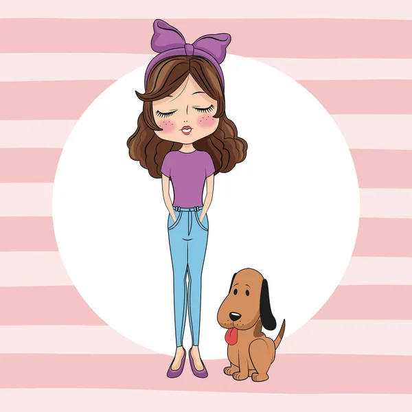 Menina bonito com desenhos animados cão — Vetor de Stock