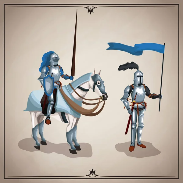 Guerreros medievales con caballo — Vector de stock
