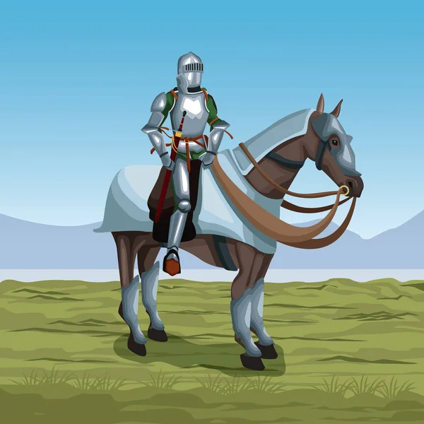 Guerrier médiéval avec cheval sur le champ de bataille — Image vectorielle