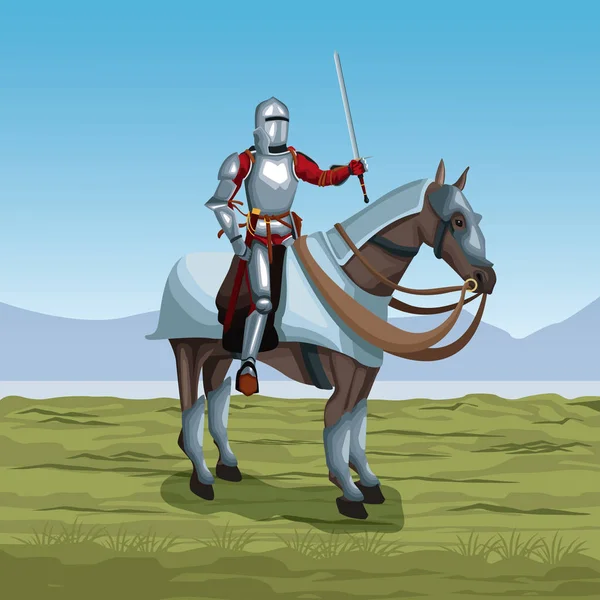 Guerrier médiéval avec cheval sur le champ de bataille — Image vectorielle