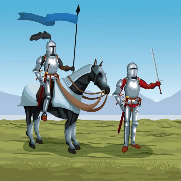 Középkori harcosok ló csatatéren — Stock Vector