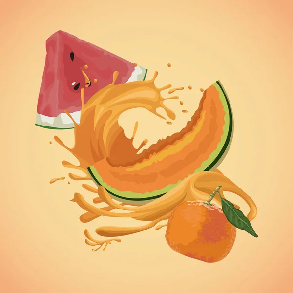 Melone all'arancia e spruzzi d'arancia — Vettoriale Stock