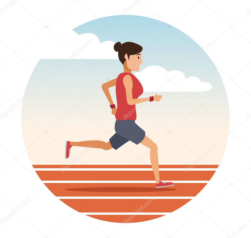 Woman running on track round icon
