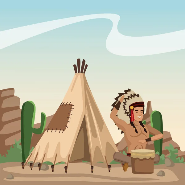 Cartone animato indiano americano nel deserto — Vettoriale Stock