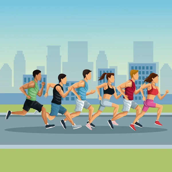 Marathon in the city cartoon — Stock Vector