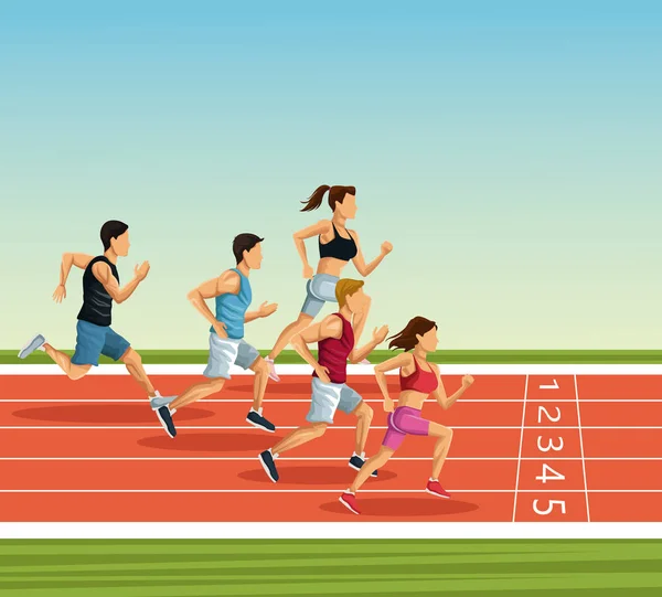 Personas en pista de atletismo — Vector de stock