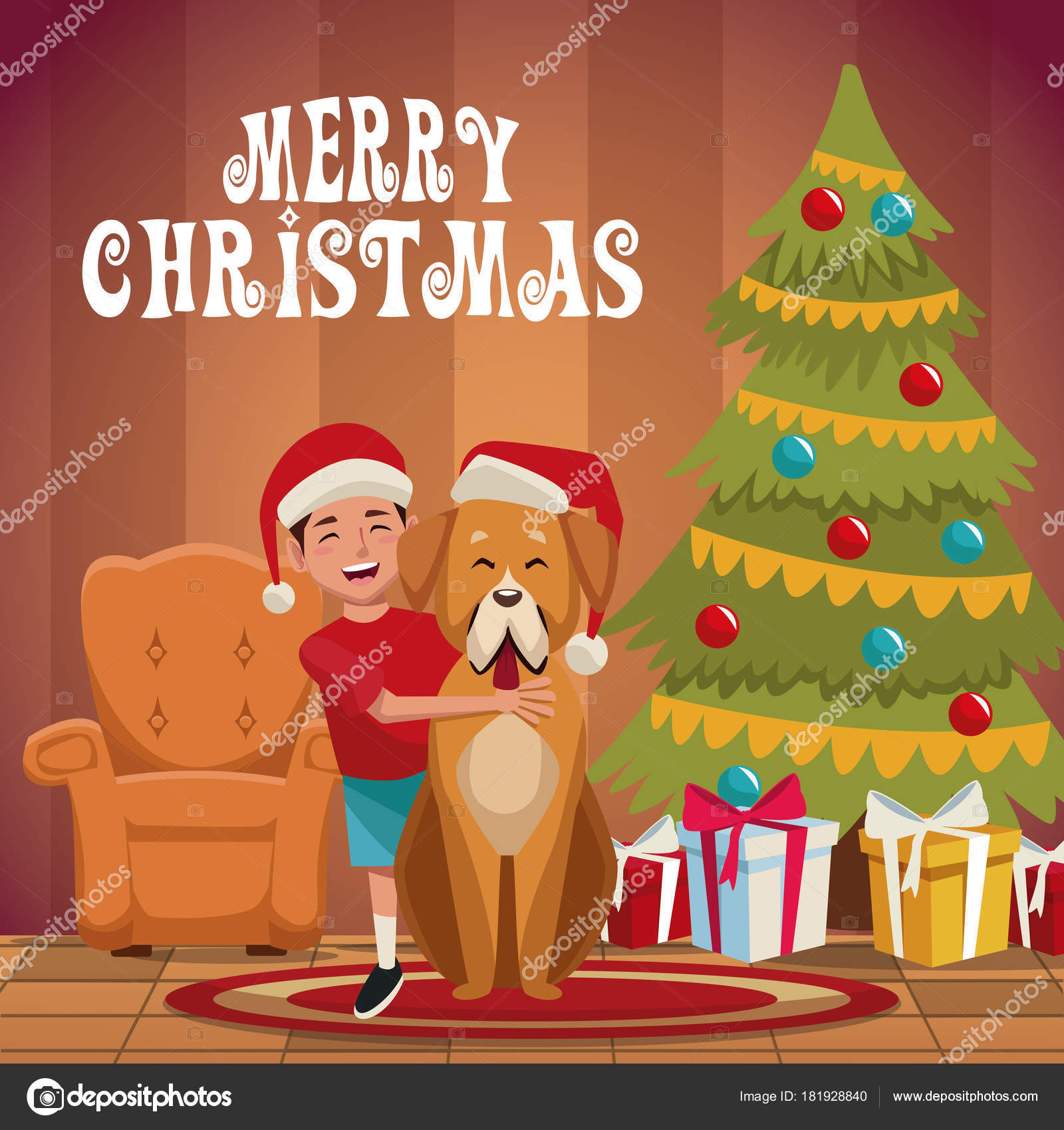 Garçon Avec Dessin Animé De Noël Chien Image Vectorielle