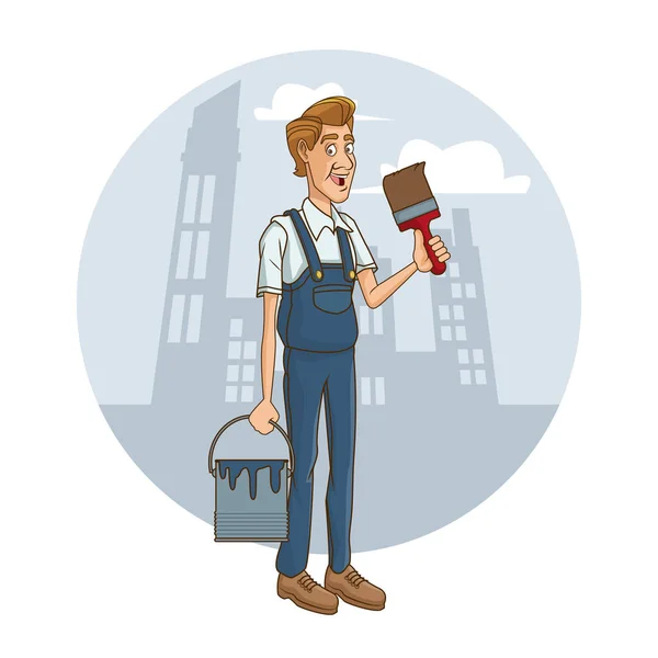 Worker with tool on cityscape cartoon — Stock Vector