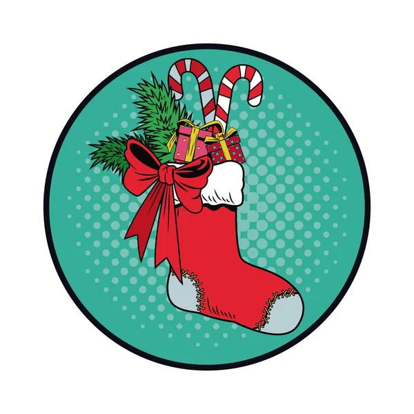 Calcetín de Santa con caramelos Christmas pop art — Vector de stock