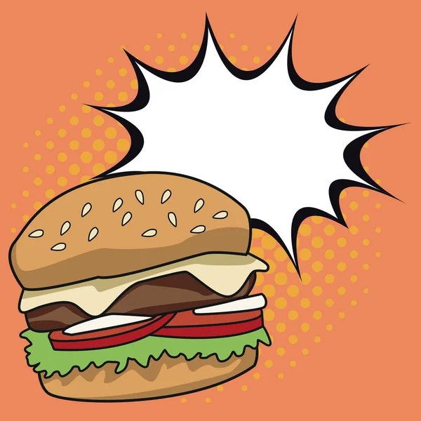 Delicioso hambúrguer pop art — Vetor de Stock