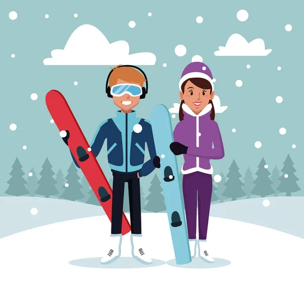 Sport snowboard couple dessin animé — Image vectorielle