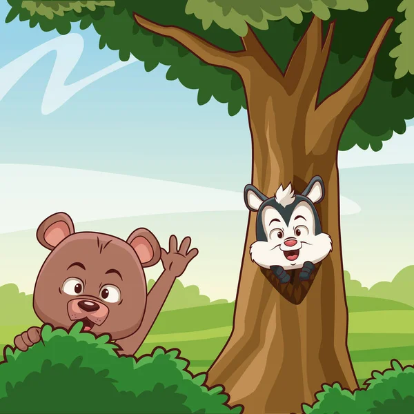 Bär und Stinktier im Wald — Stockvektor