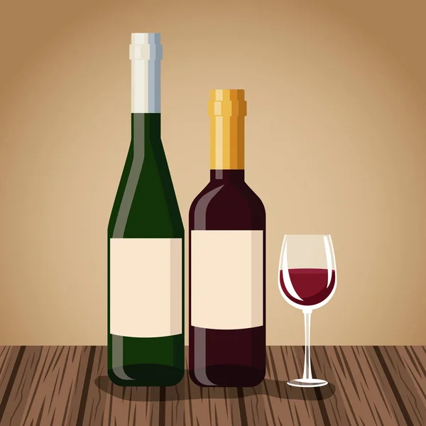 Botella de vino y copa en mesa de madera — Archivo Imágenes Vectoriales