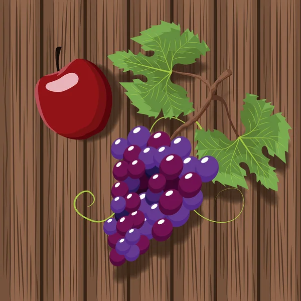 Weintrauben und Apfel auf Holzgrund — Stockvektor