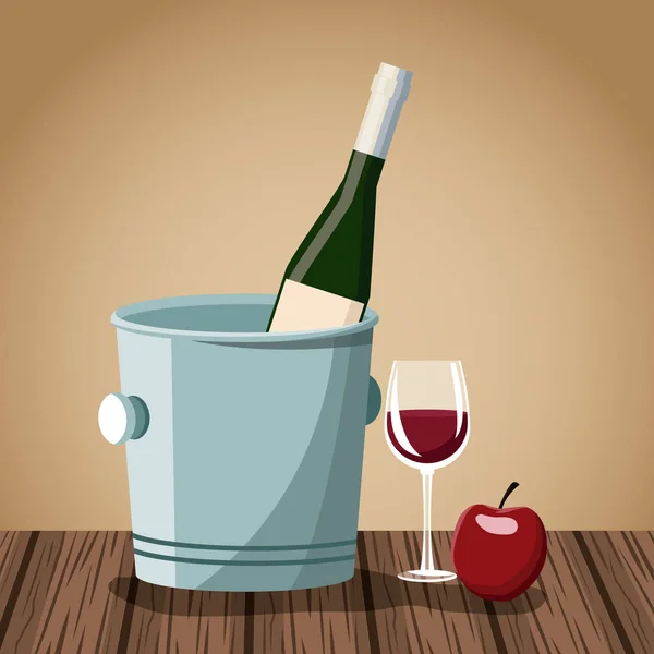 Vinflaska och cup på träbord — Stock vektor