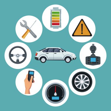 arka plan beyaz klasik otomobil araç elemanları ile uydu arama simgeleri çevresinde renk