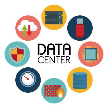 Beyaz arka plan ile metin veri merkezi etrafında bir simgeler öğeleri