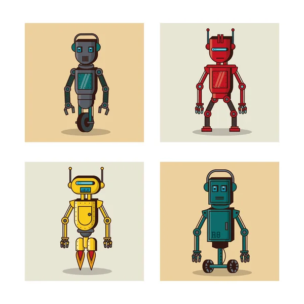 Robot iconos cuadrados de dibujos animados — Vector de stock