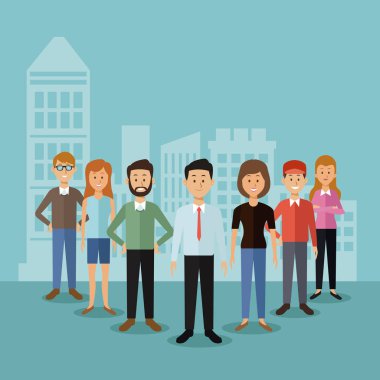 arka plan renk tam vücut grup insanlar ile ayakta ve şehir manzara siluet arkasında