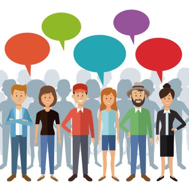 tam vücut grup insanlarla diyalog kutusu ve kişilerin arkasında gölge ile ayakta beyaz arka plan