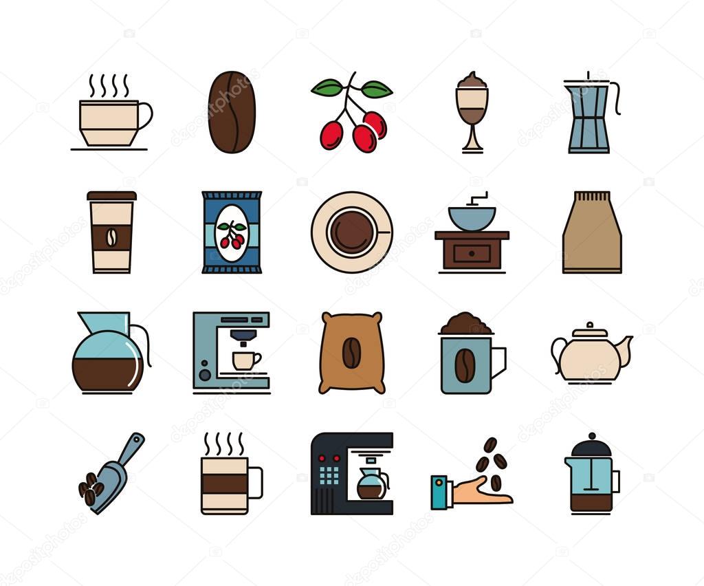 Set of 20 Coffe and tea beverage icon pack, drinks thin line vectors
