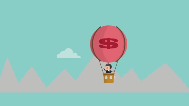 Бізнесмен на повітряній кулі зі знаком долара і значками успіху чоловіка — стокове відео