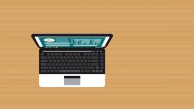 Ahşap masa Hd animasyon üzerinde laptop ve iş evrak çantası