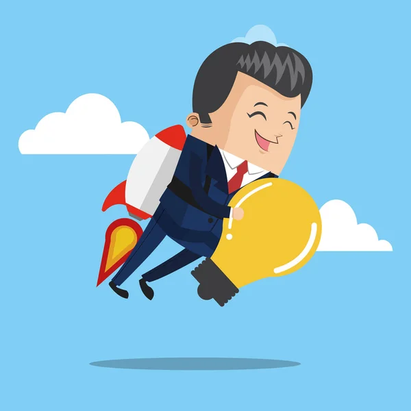 Businessman flying jetpack with bulb — Stock Vector