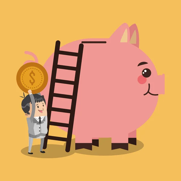 Empresário inserindo moeda para porquinho — Vetor de Stock