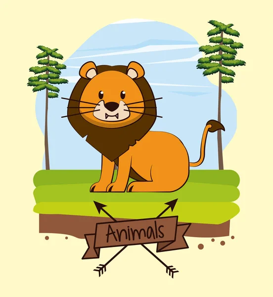 Leão na floresta bonito desenho animado —  Vetores de Stock