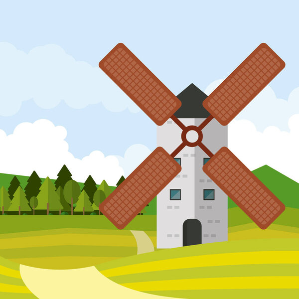 colorful background of natural landscape with tower windmill