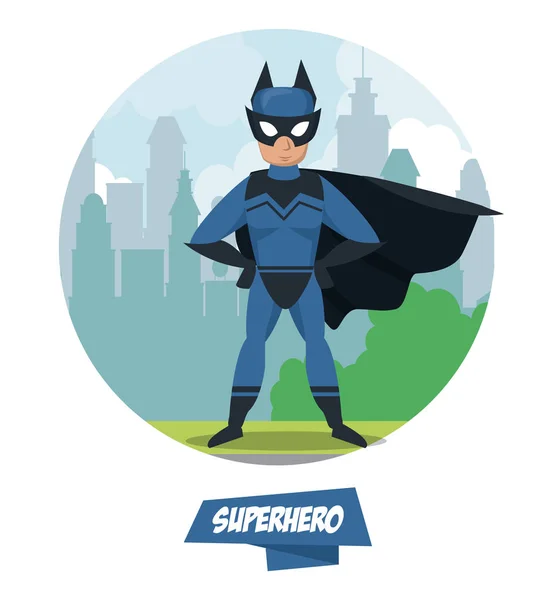 Murciélago superhéroe de dibujos animados en la ciudad — Vector de stock
