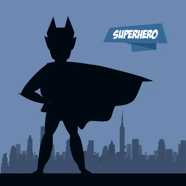 Pipistrello fumetto supereroe sulla silhouette della città — Vettoriale Stock