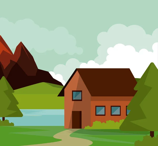 Färgstarka bakgrund av naturliga landskap med hus på landet och berg och flod — Stock vektor