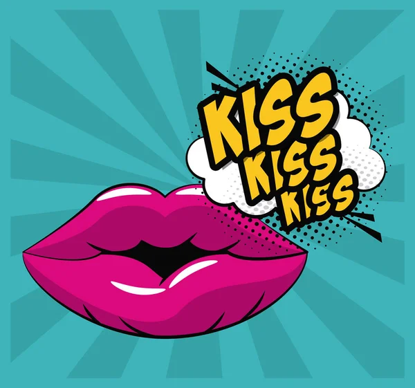 Lábios beijar arte pop — Vetor de Stock