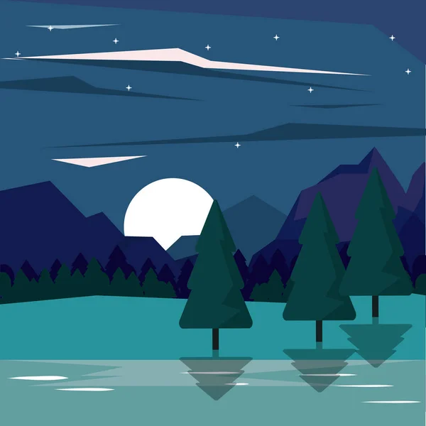 Kleurrijke achtergrond van nachtelijke landschap van bergen en vallei naar lichte maan — Stockvector
