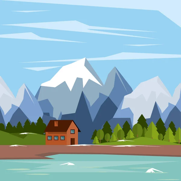 Красочный фон природного ландшафта с загородным домом и озером и снежными горами — стоковый вектор