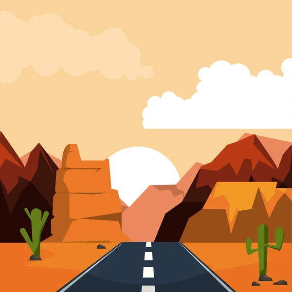 Farbenfroher Hintergrund der Wüste Sonnenuntergang Landschaft mit Tal und Bergen und Autobahn — Stockvektor