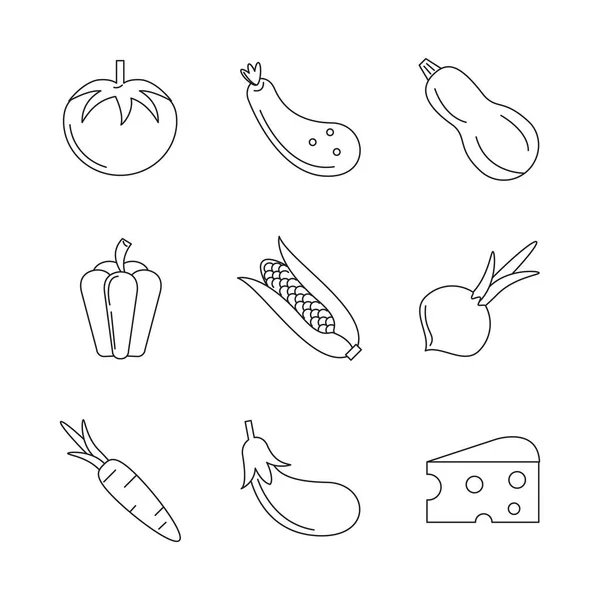 Monochrome silhouette set of vegetables and cheese — Stock Vector