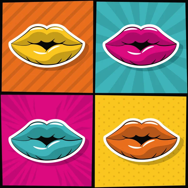 Labbra sexy icone pop art — Vettoriale Stock