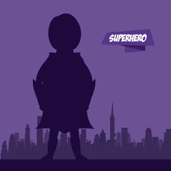 Donna che vola supereroe sulla silhouette della città — Vettoriale Stock