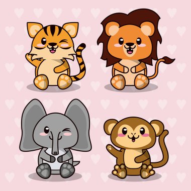 pembe renkli arka plan ile kalpleri siluetleri ile şirin kawaii vahşi hayvanlar