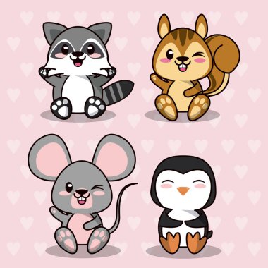 pembe renkli arka plan ile kalpleri siluetleri şirin kawaii hayvanlarla