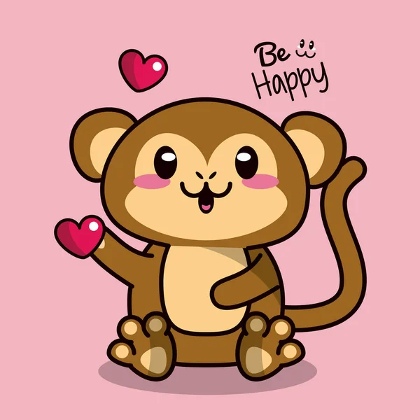 Fond de couleur rose avec mignon singe animal kawaii tenant un cœur — Image vectorielle