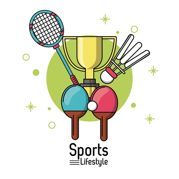 Cartel colorido de estilo de vida deportivo con raquetas de bádminton y ping pong y trofeo — Archivo Imágenes Vectoriales