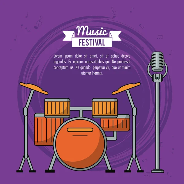 Affiche festival de musique en fond violet avec batterie et microphone — Image vectorielle